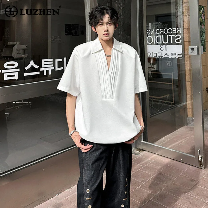 

LUZHEN 2025 Summer New Luxury Elegant Loose Short Sleeve Shirt Pullover Men's Trendy Solid Color Pleat Design V Neck Tops JY2386