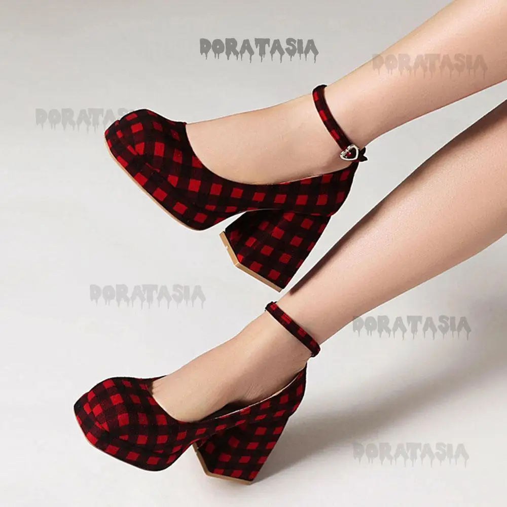 2023 Chunky Classic Red Plaid Mary Janes For Women Platform Sexy Buckle High Heeled Women Shoes Comfy Vintage Fall Ladies Shoes