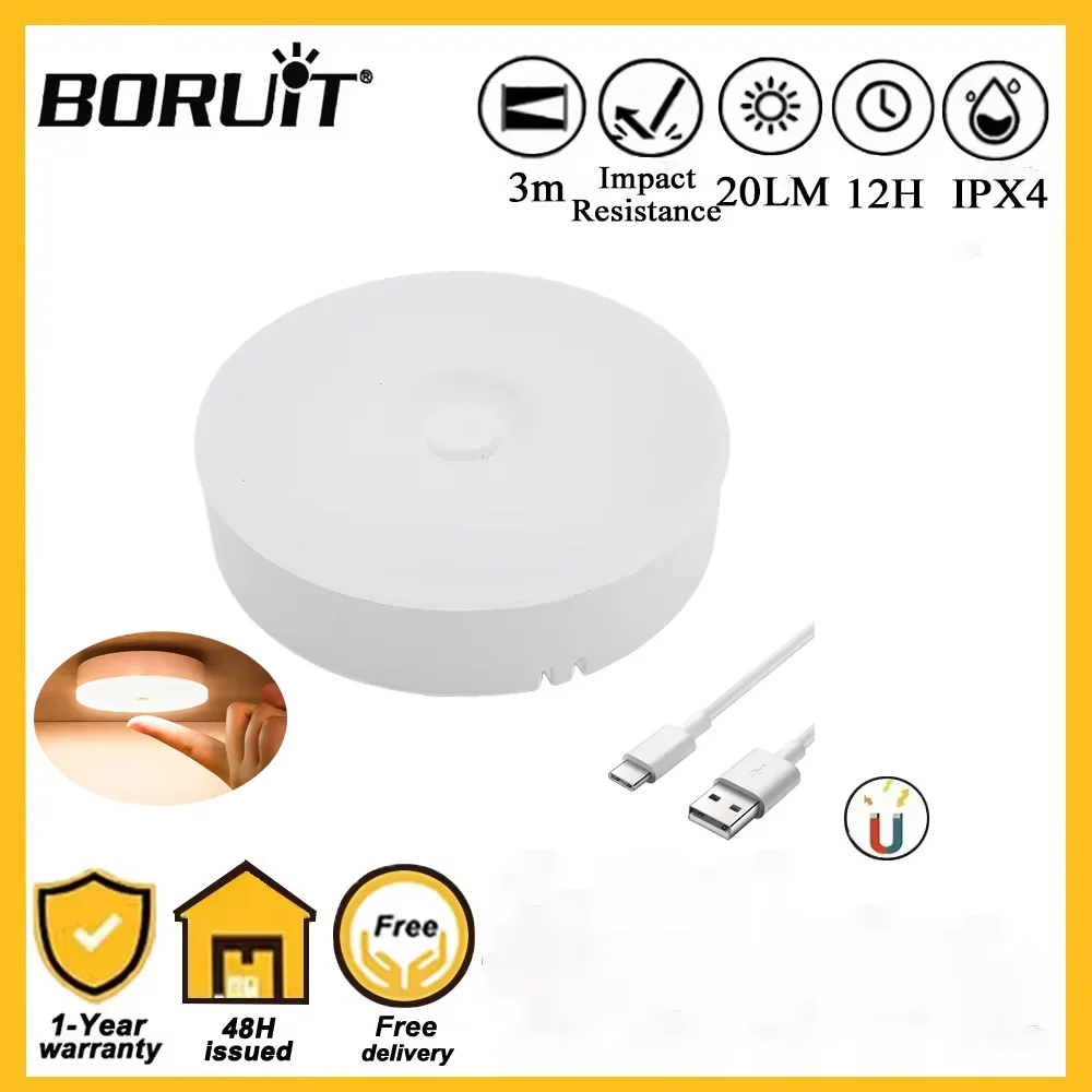 BORUiT Micro USB Rechargeable Magnetic Night Light 3 Color Dimmable Push‑Button Cabinet Lamp No Drill For Bedroom Dorm