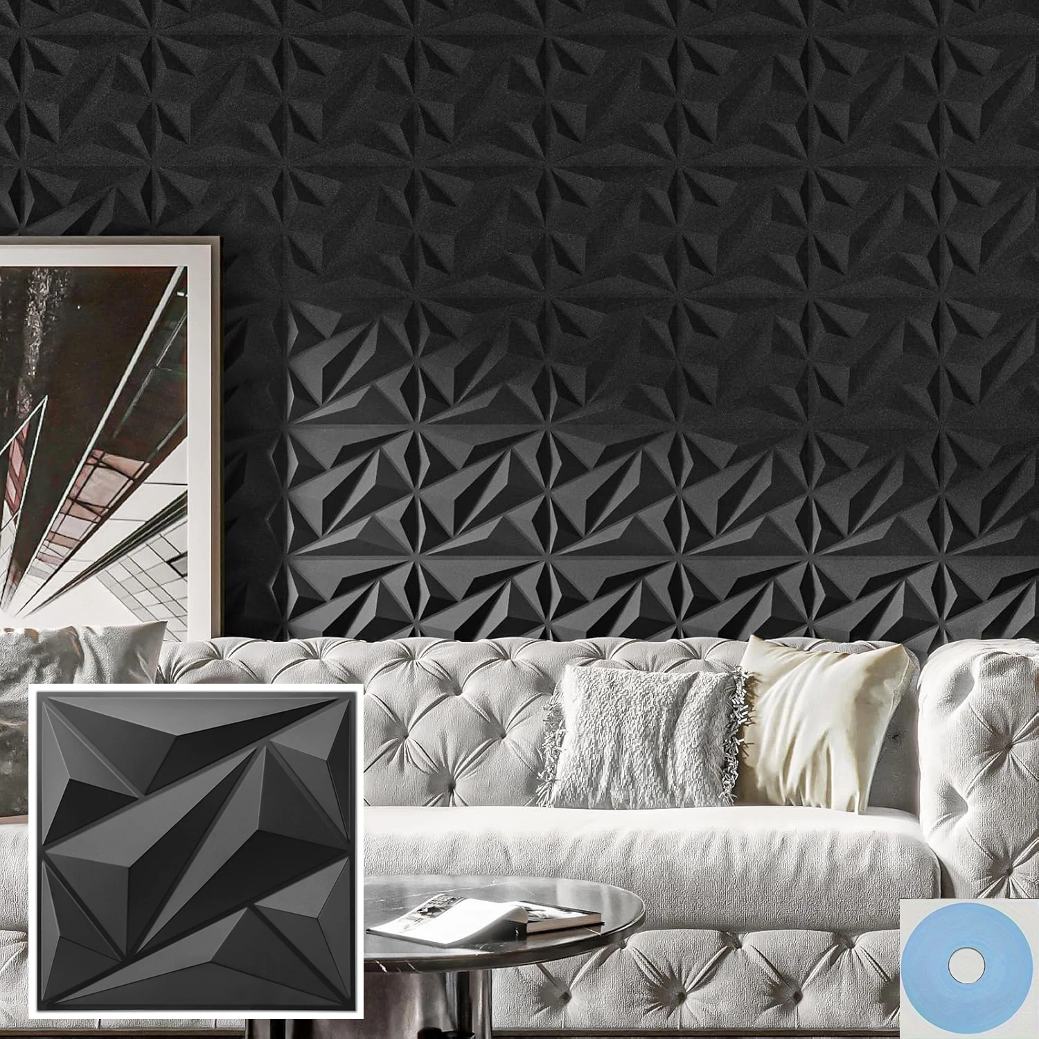 KUUJOJO PVC 3D Wall Panels, Plastic Decorative Wall Tile in White/Black  11.8''x11.8''  12 Pack