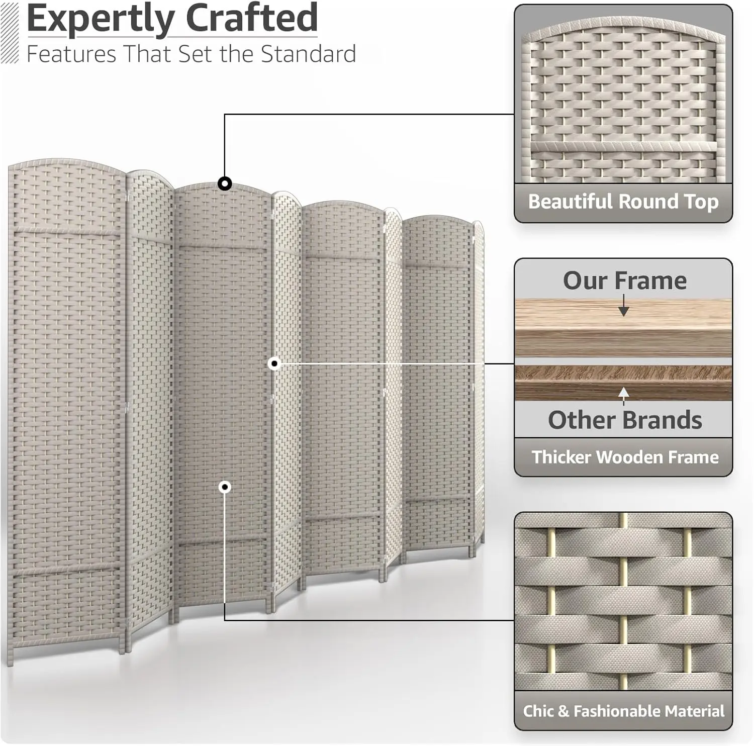 8 Panel Room Divider 6 ft. Tall - Privacy Screen, Extra Wide Double Hinged Panels, Mesh Hand-Woven Design, Partition Room