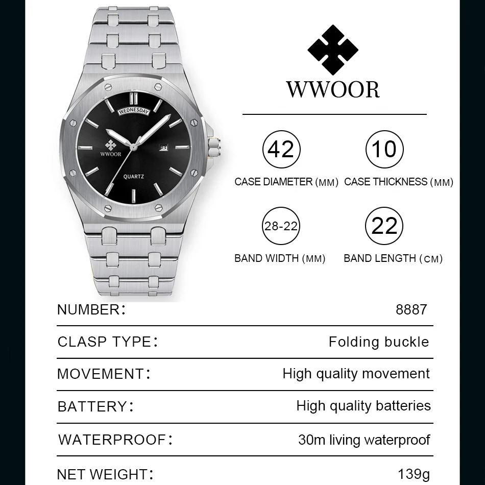 WWOOR Top Brand Luxury Men\'s Watches Stainless Steel Waterproof Luminous Fashion Big Watch For Men Week Date Clock Montre Homme