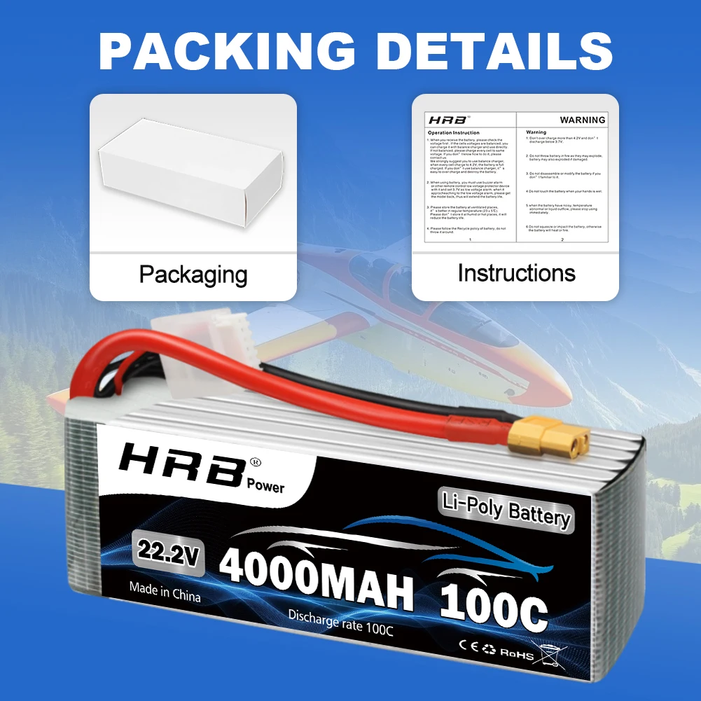 HRB 6S يبو بطارية 22.2 فولت 4000 مللي أمبير RC بطارية توصيل خارجي 100C مع موصل XT90 لشاحنة سيارة RC طائرة RC 550 700 هليكوبتر