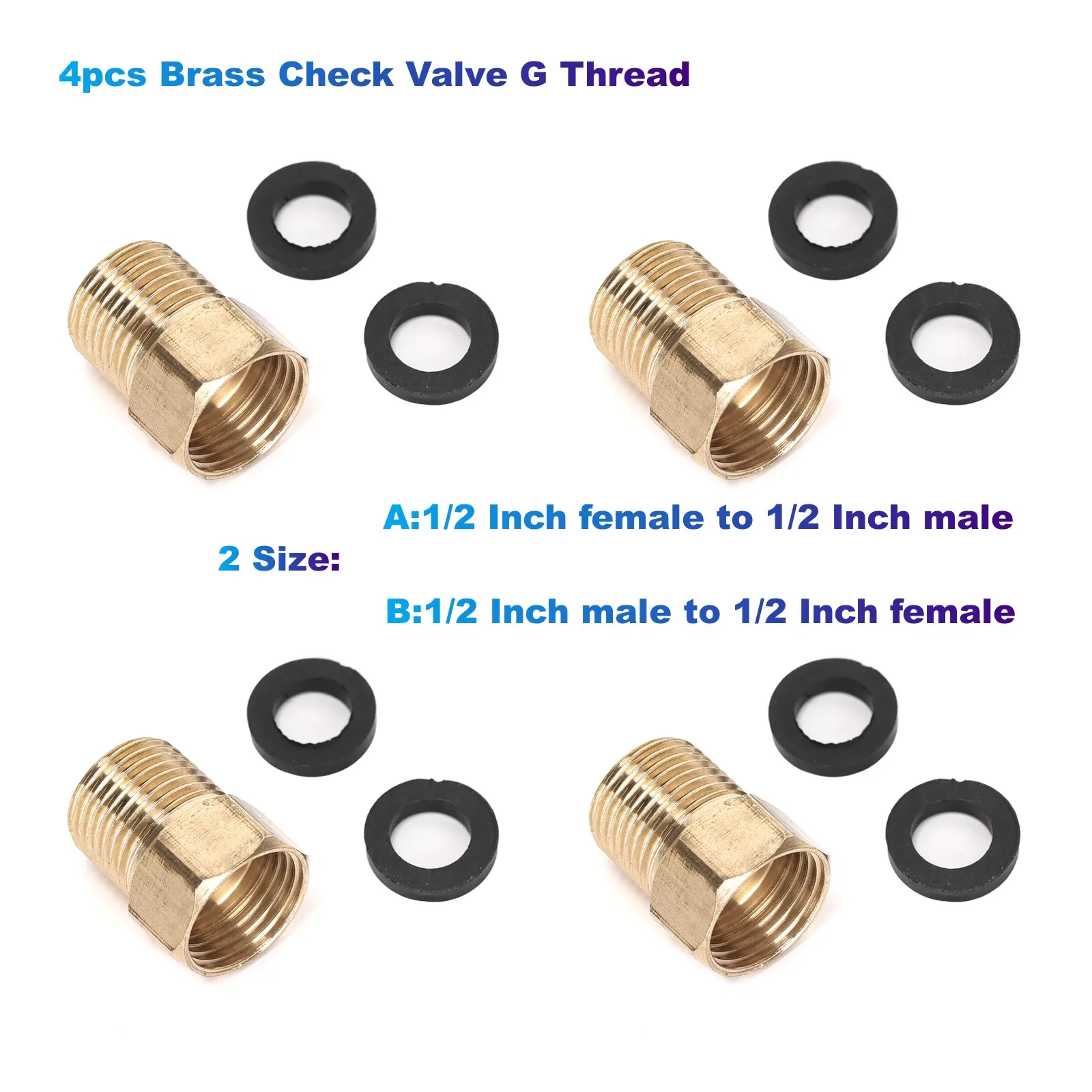 4pcs Brass Check Valve G Thread (1/2 to 1/2) with Washer for Water Heaters Tanks Towers Toilets Intake System Backflow Preventer