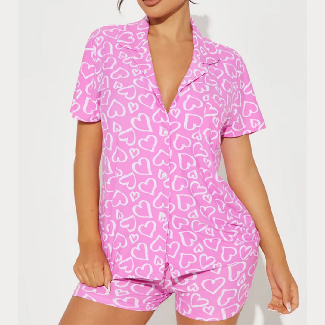 

Фиолетовый пижамный комплект с принтом сердца, домашняя одежда, рубашки и брюки с короткими рукавами и лацканами из двух частей, подарки для женщин
