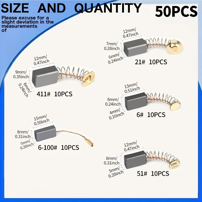 50-Piece Heavy-Duty Carbon Brushes with Metal Base - Suitable for Electric Drills, Sanders, Angle Grinders, Motors - Durable Motor Repair Parts Set, 50 Pieces (for Drill Presses, Table Saws, Motor Maintenance)