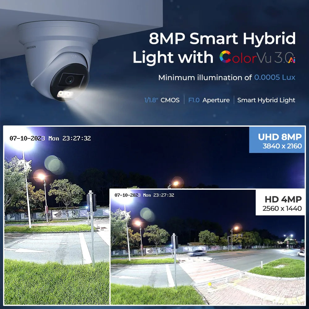 Hikvision DS-2CD2387G3-LIS2UY/SL 8MP ColorVu IP Camera Smart Hybrid Light AI Human Vehicle Detection Dual Mic Audio Alarm Turret