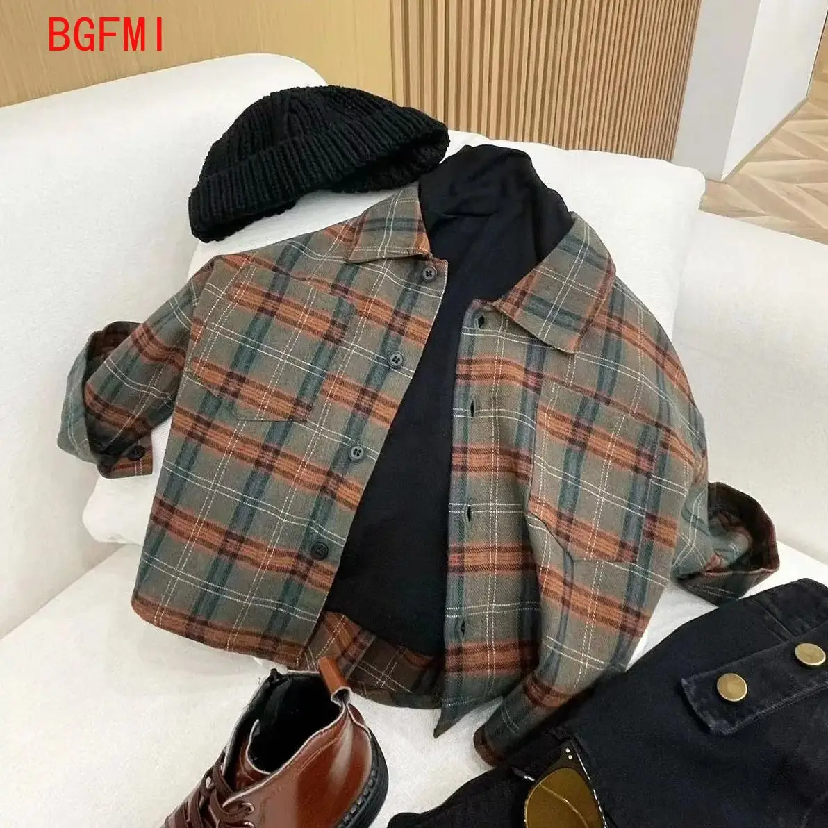 Korean Children\'s Clothing Girl Boys Suspender Pants+ Checkered Shirt Set Girls Baby Shirt Outfits Spring Autumn Kids Jeans Sets