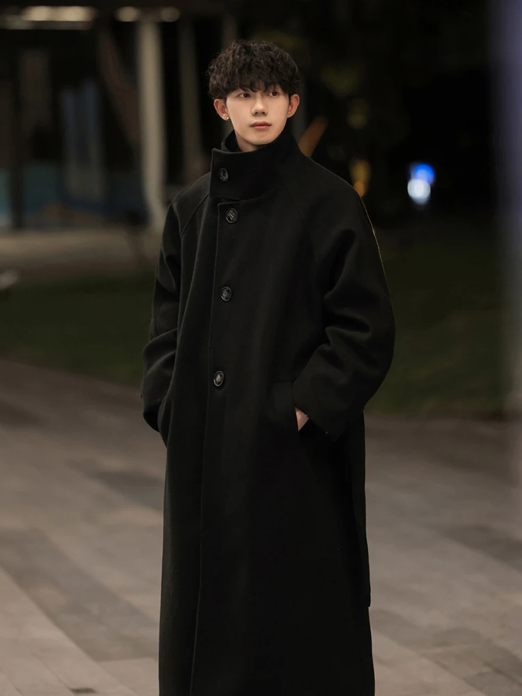 

Men's Woolen Coat Mid-Length Thiened Winter Faion Vintage Loose Knee-Length Outerwear Couple's Sle Polyester Fiber
