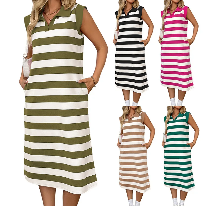 

New product women's summer striped pocket new lapel sleeveless long dress