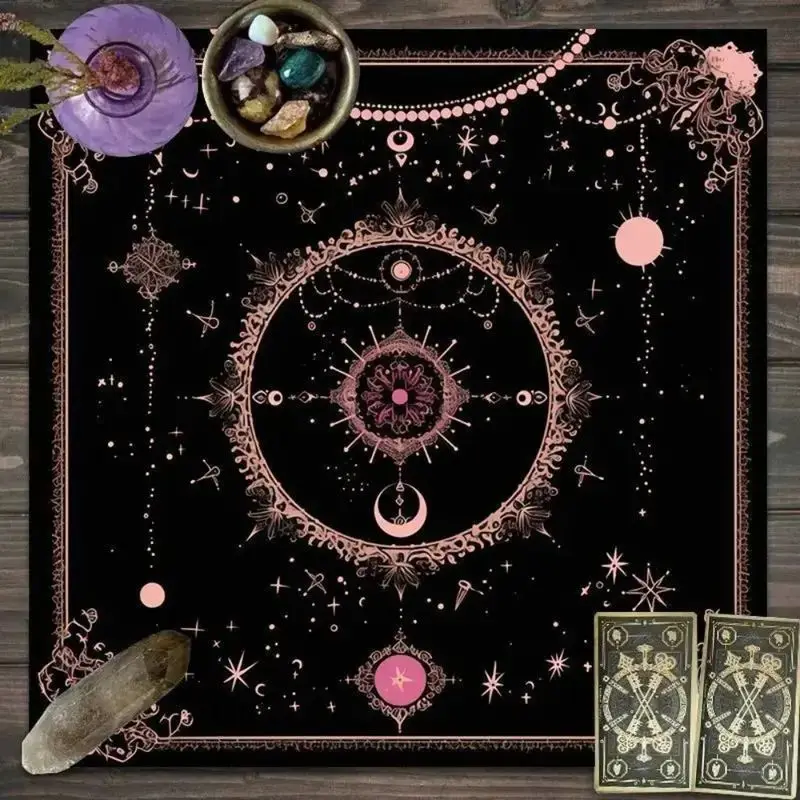 Tarot Altar Cloth Black Pink Rose Gold Sun Moon Star Witchy Mat for Tarot Reading Wicca Crystal Ritual Decor