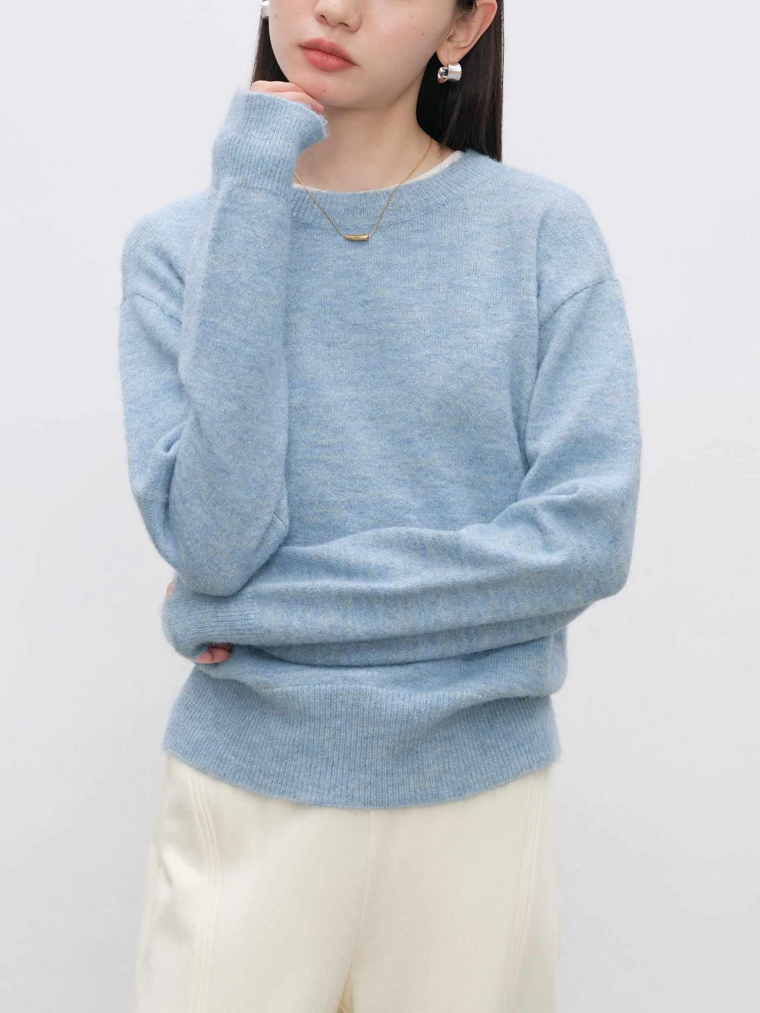 ZIQIAO【3 Colors】Women Sweater Grey Round Neck Drop Sleeve 5.6% Wool Pullover Sweaters Winter Beige Long Sleeve Top 24ZQ94334