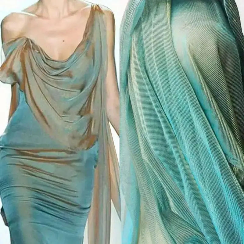 Dreamy Laser Gradient Yellow Green Blue Mesh Fabric Color-changing Perspective Dress Creative Stage Reflective Fabric