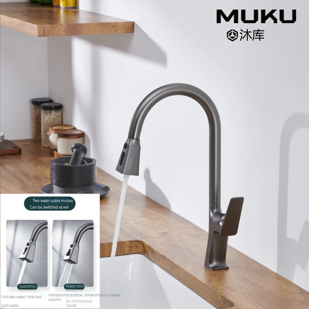 

Black Pull Out Kitchen Faucet Gun Gray Retractable Rotating Brass Deck Mounted Double Control MIxer Tap Splash-Proof Sink Faucet