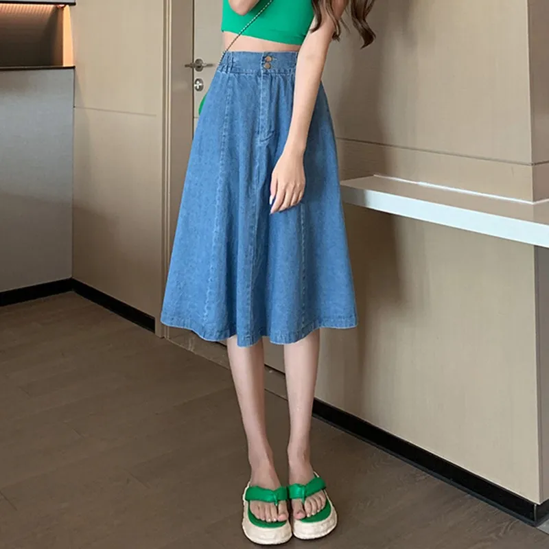 High Waist Casual Skirt Women New Arrival 2024 Spring Korean Style Solid Color Denim Basics Ladies Elegant A-line Skirts W1715