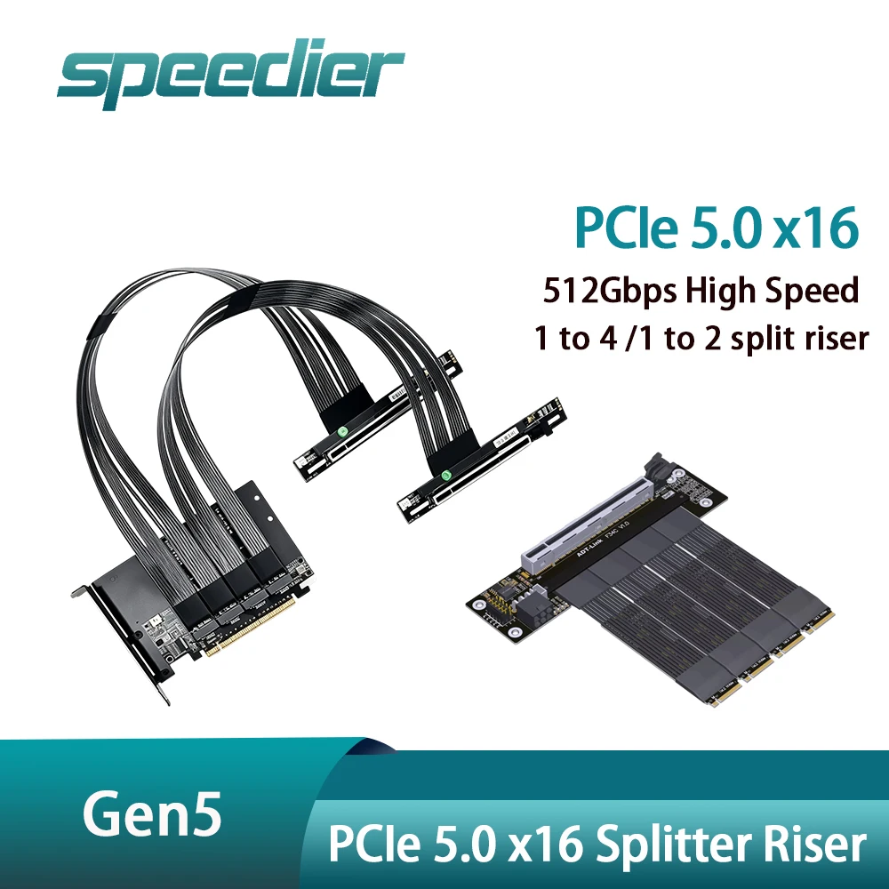 PCIe 5.0 X16 Splitter Riser Cable 1 To 4 / 1 To 2, 512Gbps Gen5 GPU Extension for AI Local Deployment Multi-GPU Server Gen4 Gen3
