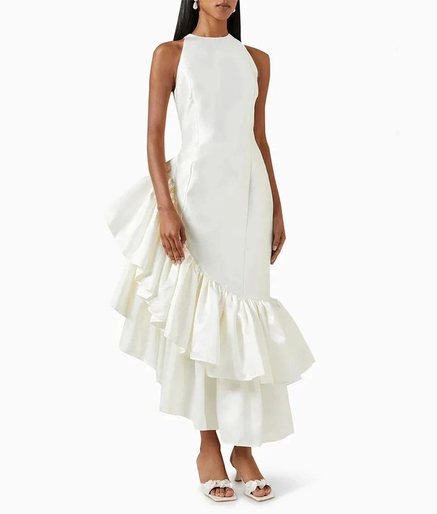 맞춤형 패션 새틴 A라인 러플 티어드 이브닝 드레스 우아한 O넥 민소매 발목 길이 파티 가운 맞춤 사이즈