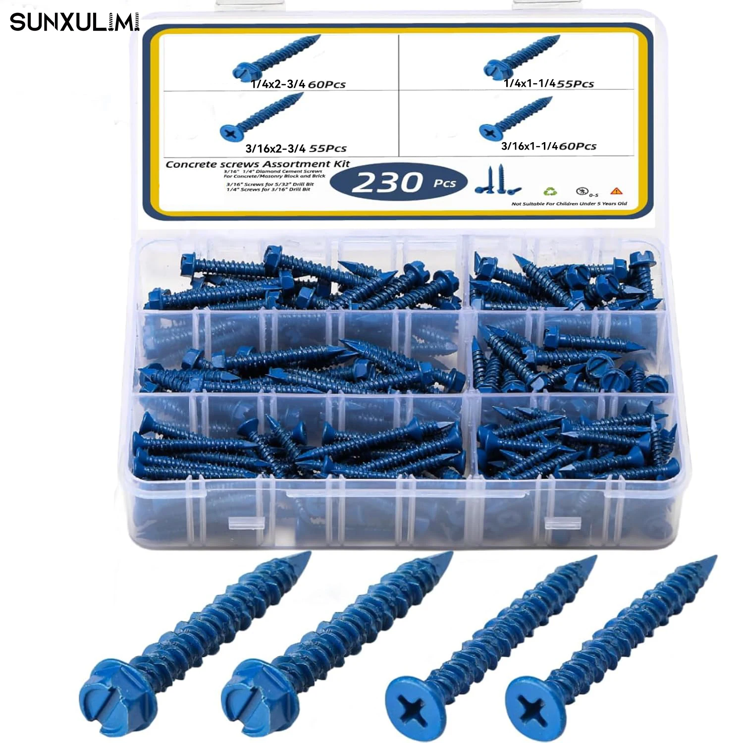 

230 concrete screws with drill bits, 1/4“ and 3/16”, suitable for concrete combination sets, 4 sizes, blue-coated