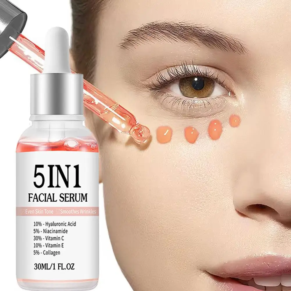 Sérum Facial 5 em 1 com Ácido Hialurônico, Reduz Linhas Finas, Sérum Firmador, Hidratante, Iluminador com Vitamina C, Reduz Poros, Cuidados com a Pele