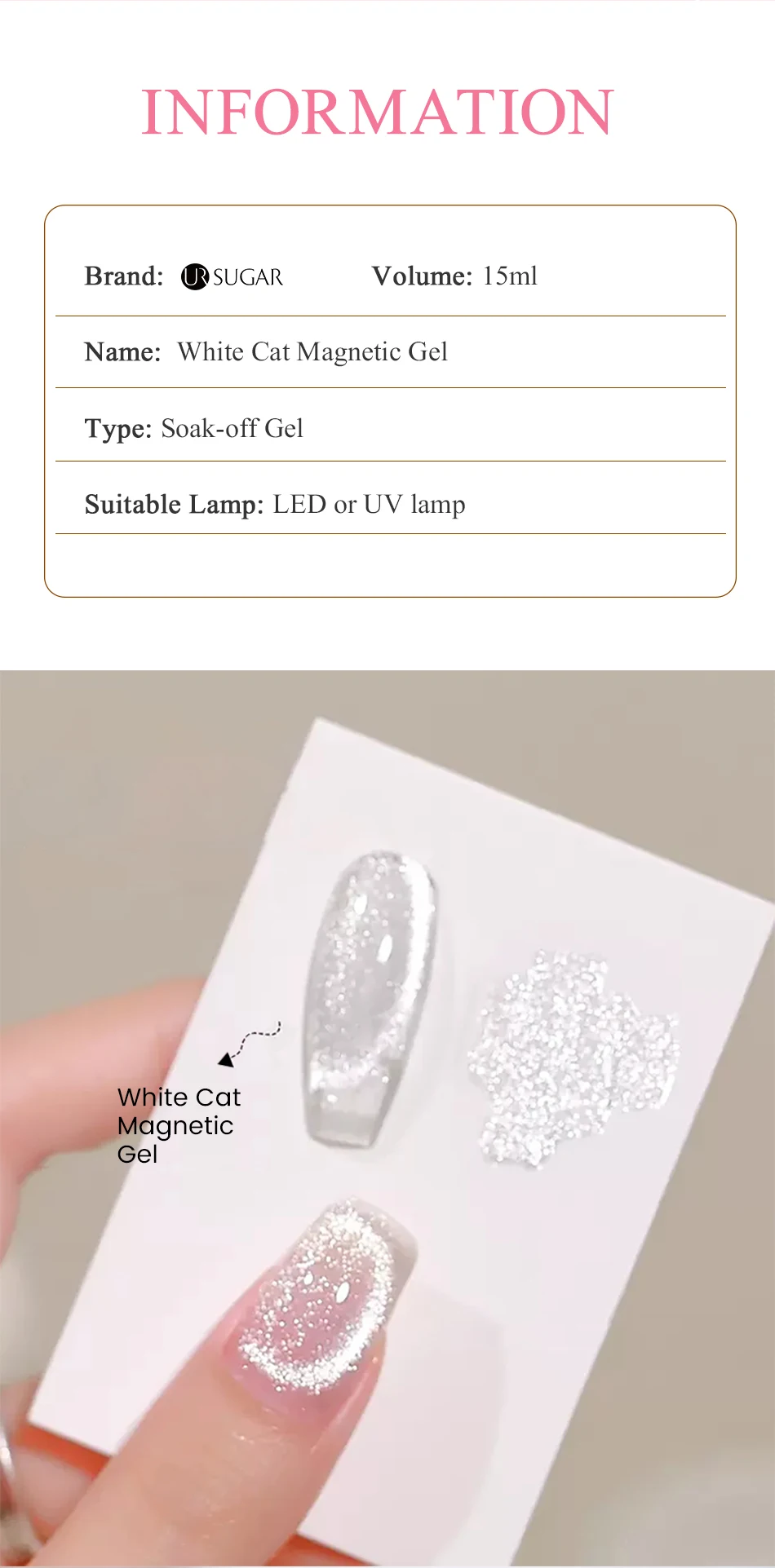 UR SUGAR 15ml Weißer Katzenaugen-Magnetgel-Nagellack Funkelnder Silber-Glitter Hochglänzender Semi-Permanent-Gel Soak-Off UV-LED-Gel – Detail 3