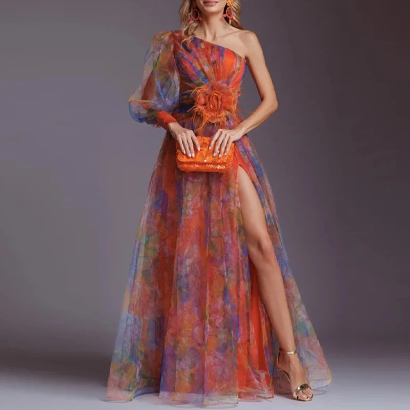 Spring Summer New Mesh Evening Dress Vintage Pattern Printed High Waisted Long Dress New One Shoulder Pleat Banquet Swing Dress