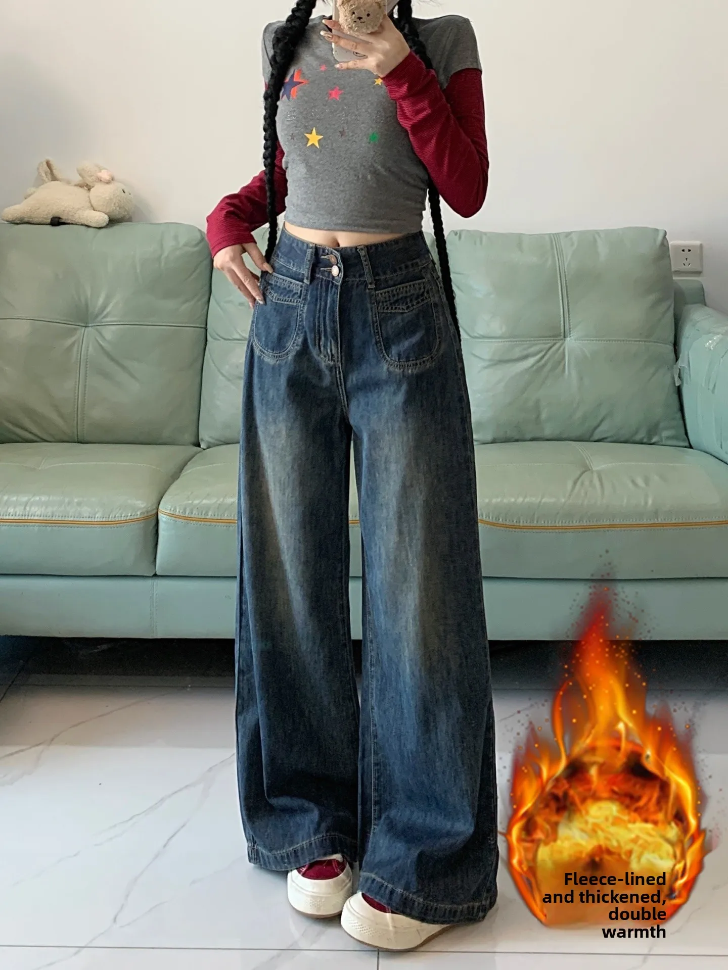 

Женские джинсы с высокой талией, на флисовой подкладке, широкие, свободного кроя, прямые, джинсовые брюки-клеш для полных размеров