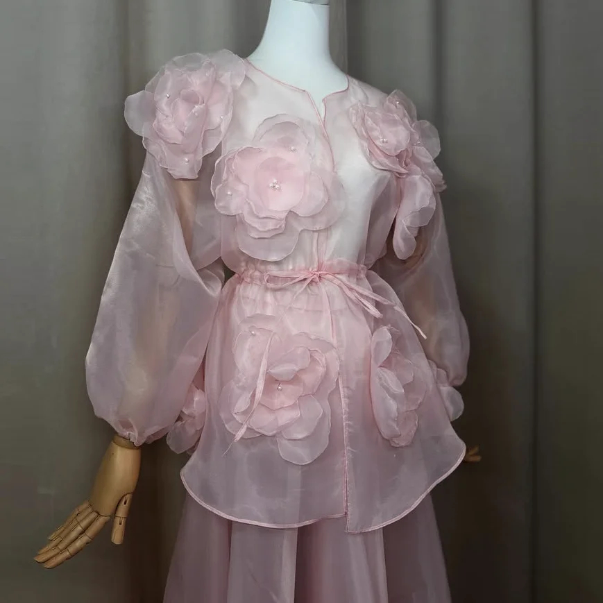Blush Pink Sheer Party Blouse Floral Layered Custom Made Organza Top Transparent Sleeves Flower Handmade