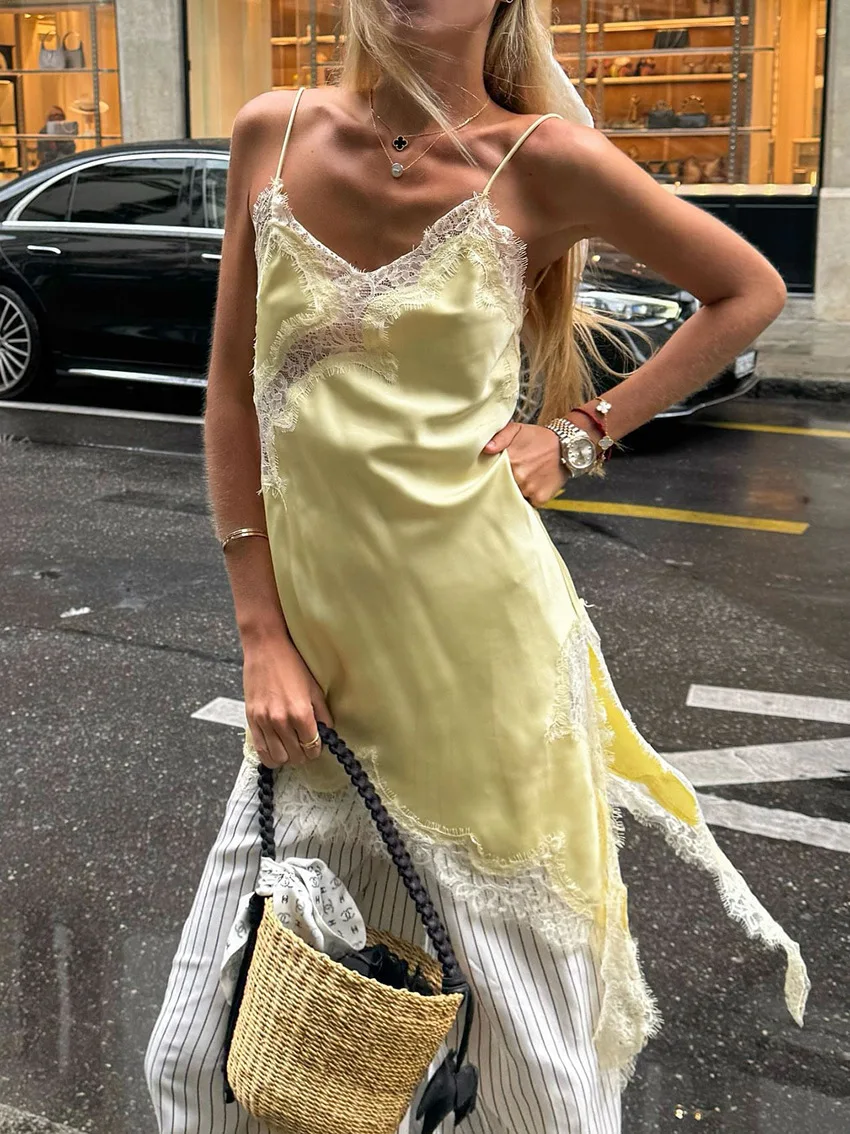 Satin Asymmetrische Patchwork Spitze Sexy Kleid Frauen Elegante Schlinge Backless Split Schwarz Kleid Weibliche Party Club Kleid Streetwear