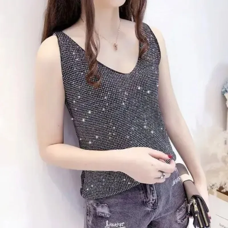 

Women's Summer Spring Sequin Camisole for Ladies Loose Sleeveless V-neck Shimmer Bottoming Shirt Tank Crop Tops K23