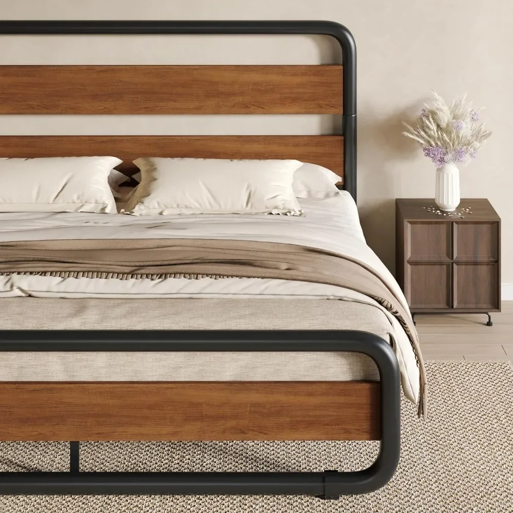 Estrutura de cama de metal com cabeceira e estribo de madeira, plataforma em forma oval resistente, armazenamento de cama, noz vintage