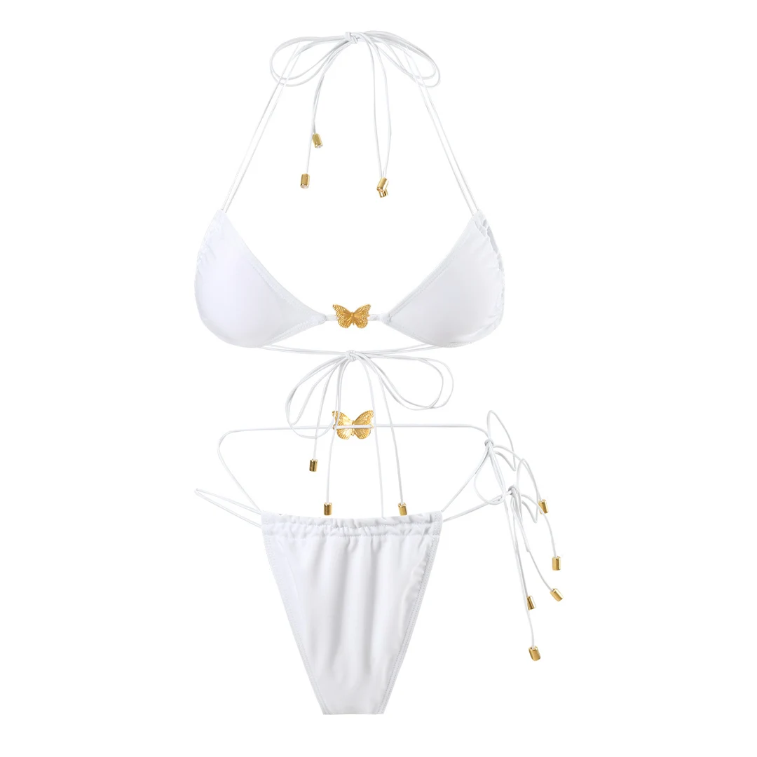 Metall-Schmetterlings-Halterneck-Bikini mit hohem Beinausschnitt, zweiteiliger Damen-Bikini, Badeanzug, Badebekleidung, Badeanzug, Schwimm-Bikini V6460 – Detail 17