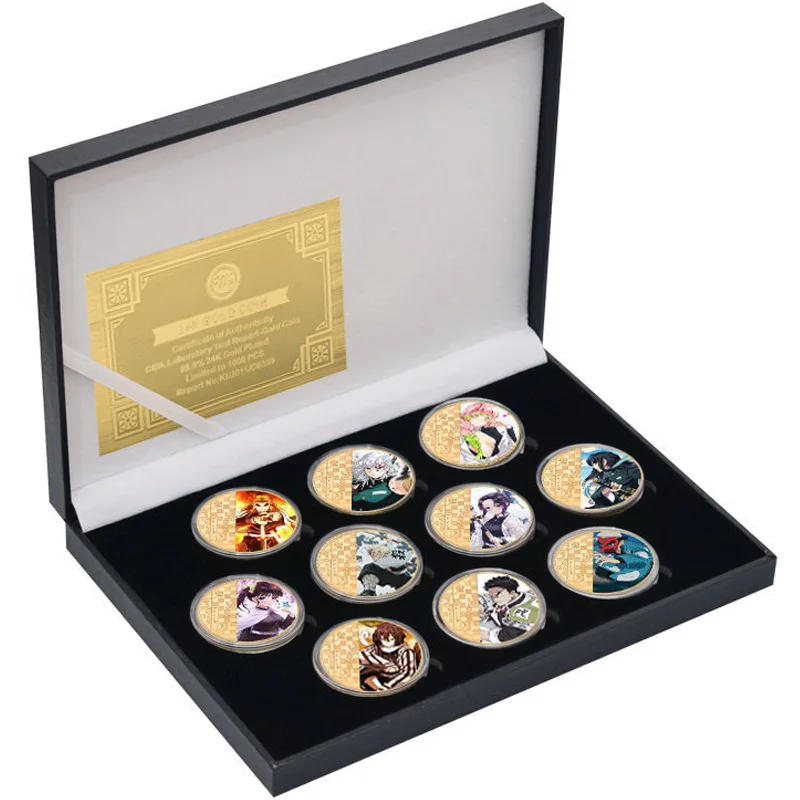10PCS Anime Demon Slayer Commemorative Coins Gold Kimetsu No Yaiba Metal Souvenir Coin Manga Art Collection Ornaments Decor Gift