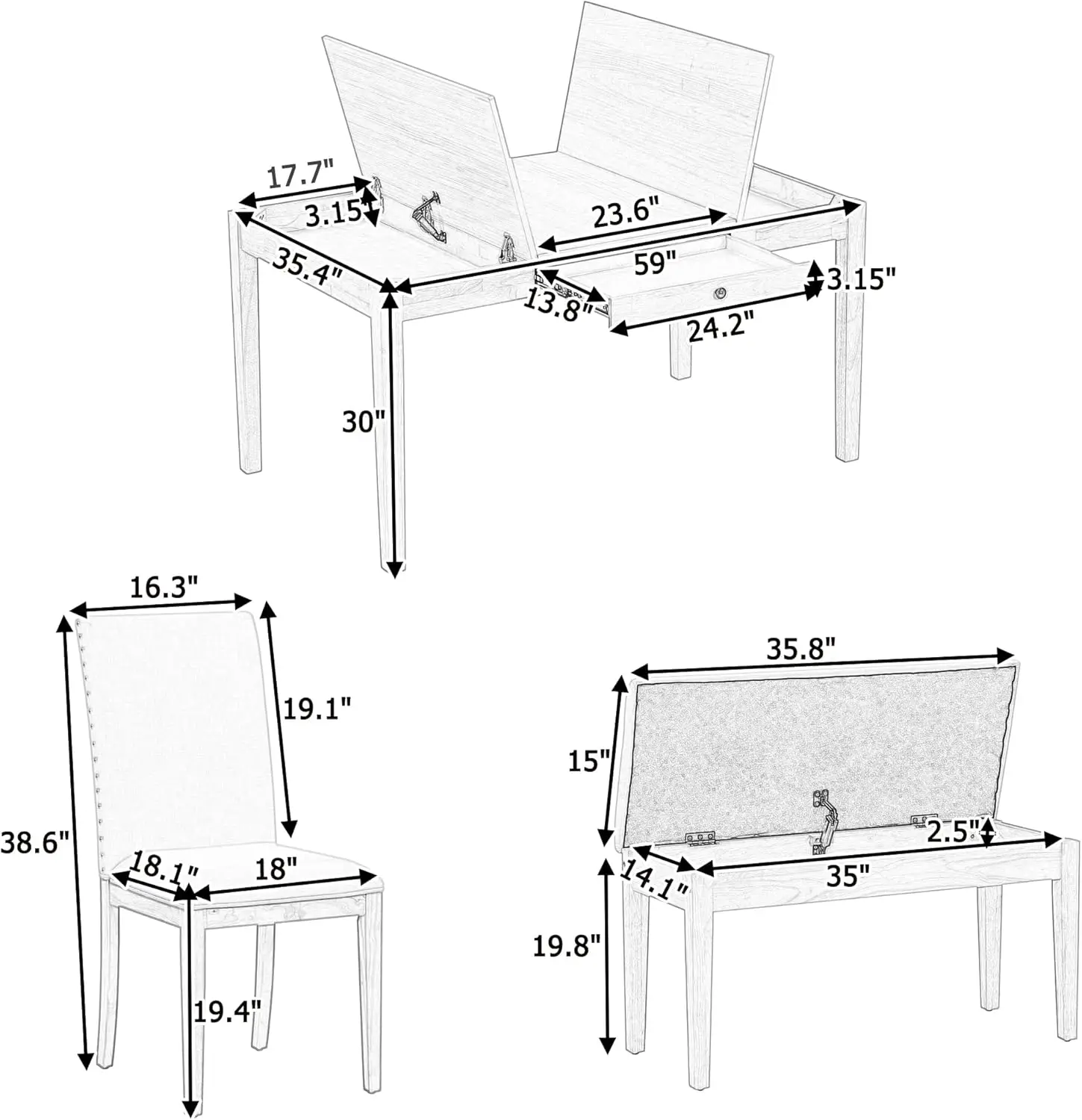 LostCat Dining Table Set for 6 with Drawer, Kitchen Table Set with Storage Table, Dining Room Table Set with Storable Bench