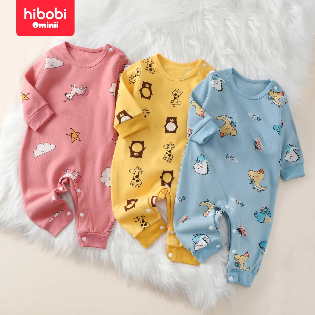 hibobi 100% Cotton Newborn Jumpsuit Comfortable Cute Animal Patterns Round Neck Baby Crawling Suit 0-18m Toddler Onesie