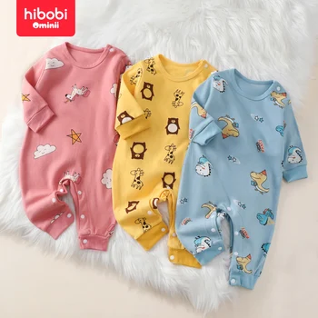 Hibobi % 100% Pamuk Yenidoğan Tulum Rahat Sevimli Hayvan Desenleri Yuvarlak Boyun Bebek Emekleme Takım Elbise 0-18 m Yürümeye Başlayan Onesie