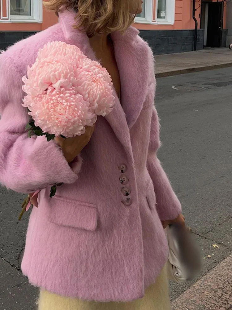 Chaqueta de lana rosa para mujer, abrigo cálido de manga larga con solapa y botonadura única, ropa de calle alta para Otoño e Invierno