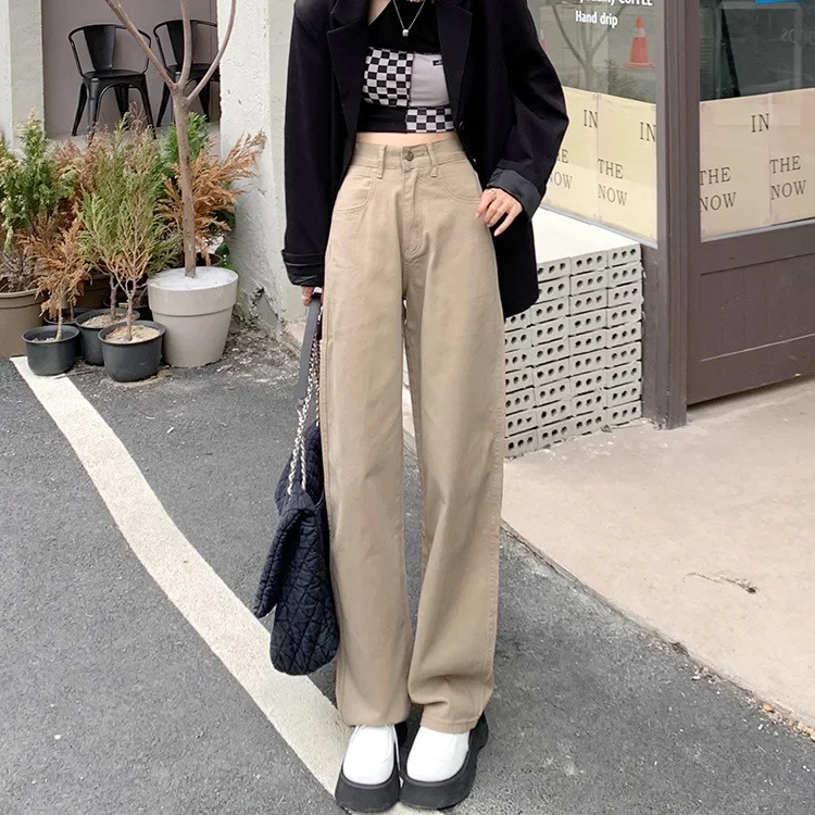 High-Waisted Slimming Korean-Style Wide-Leg Jeans Women's Chaki Versatile Casual Straight-Leg Long Pants 8853