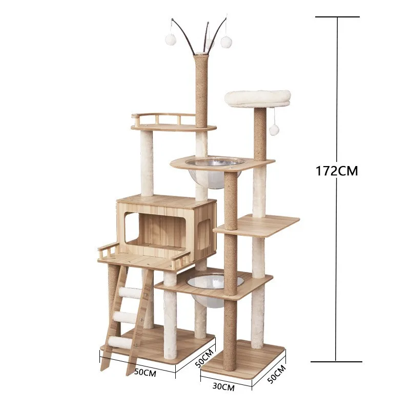 Huge Wooden Cat Tree Modern Cat Tree Condo Sisal Scratching Board for Climbing Playing Resting