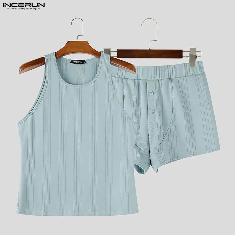 Conjuntos INCERUN para Hombre, Color Sólido, Verano, Cuello Redondo, Camiseta sin Mangas, Pantalones Cortos, Conjuntos de Dos Piezas, Ropa Casual para el Hogar, Conjuntos Combinados para Hombre 2026