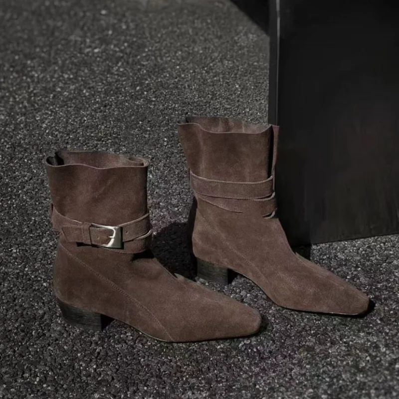 

Mid Heels Women Pointed Toe Short Boots Designer Elegant 2025 New Shoes Winter Chelsea Classical Ankle Boots Dress Buckle Pumps