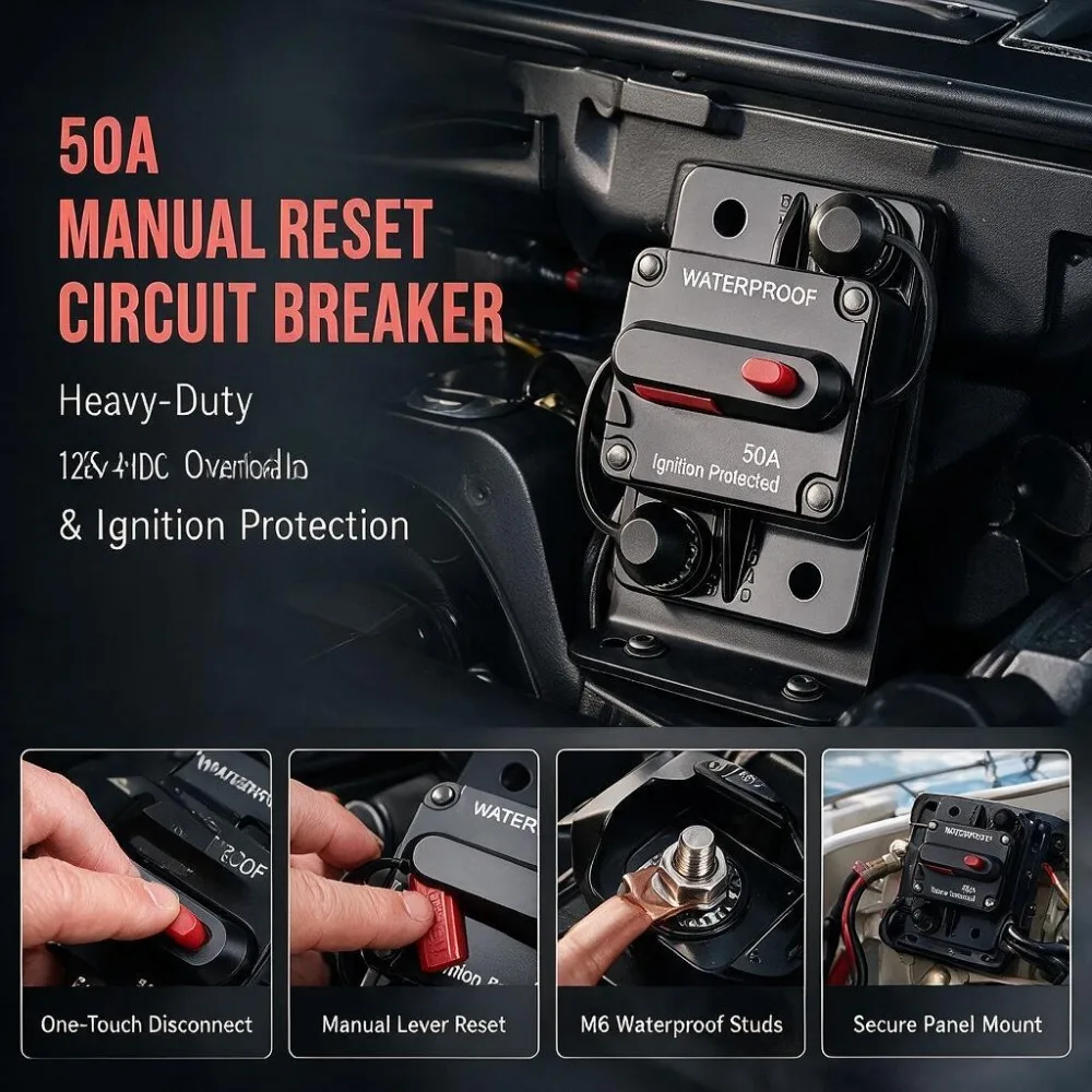 12V-48V Waterproof Circuit Breaker Fuse Reset 150A 200A 250A 300A 30A-120A Amp Rating for Boat and Car Use 1 PCS