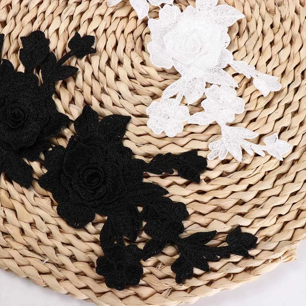 Black White 3D Roses Flowers Embroidery Sew On Patches Sewn Applique Embroidered DIY Clothes