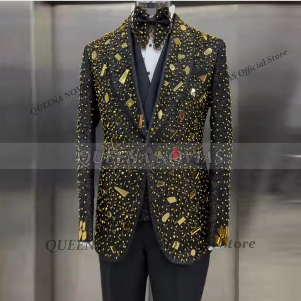 

Эксклюзивный мужской костюм-тройка Slim Fit с бриллиантами и жемчугом, расшитый бисером, для жениха, свадебный смокинг, индивидуальный пошив, мужская банкетная одежда, Ropa Hombre