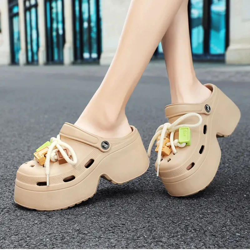 Slippers Women Clogs 9CM Non-Slip Platform Sandals DIY Bow EVA Slippers Beach Outdoor Slides Comfortable Height Increasing Shoes