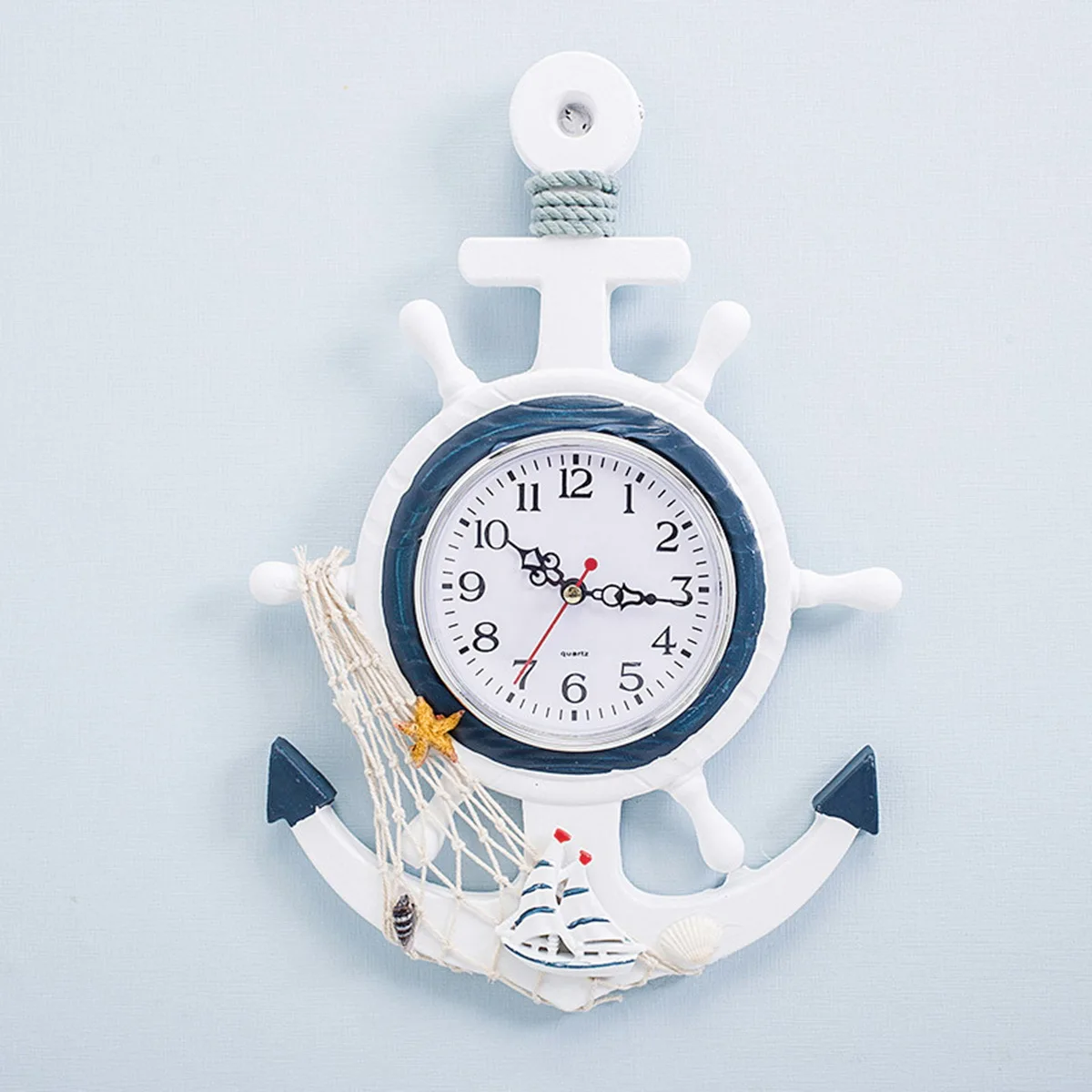 

Blue White Boat Anchor Wall Clock Wooden Plastic Mirror Surface Living Room Bedroom Decor Mediterranean Style Ship