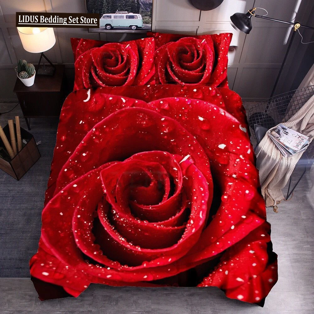 Rose Polyester Duvet Cover Set King Queen Full Size Big Rose Red Blue Pink Purple Flower Dew Pattern Chic For Kids Girl Couple