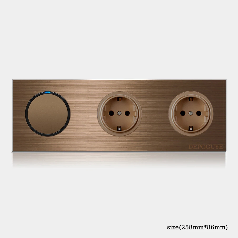 Hoge kwaliteit koffiekleur universele Retro Eu FR 220V wandlichtschakelaar, resetknopschakelaar stopcontact met LED-indicator
