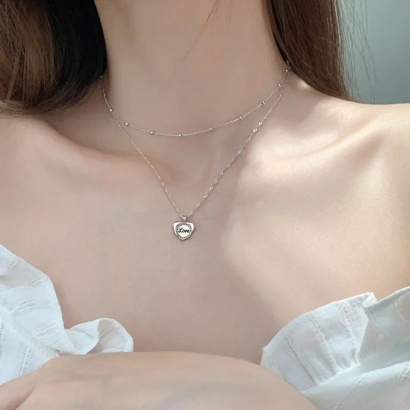 925 Sterling Silver Simple Classic Love Letter Heart Double Layer Choker Necklace Pendant for Women Wedding Party Jewelry Gift