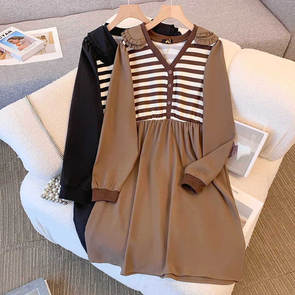 Plus size women's spring and autumn casual doll collar dresses mid long sleeve loose comfortable dress 2024 new clothing large