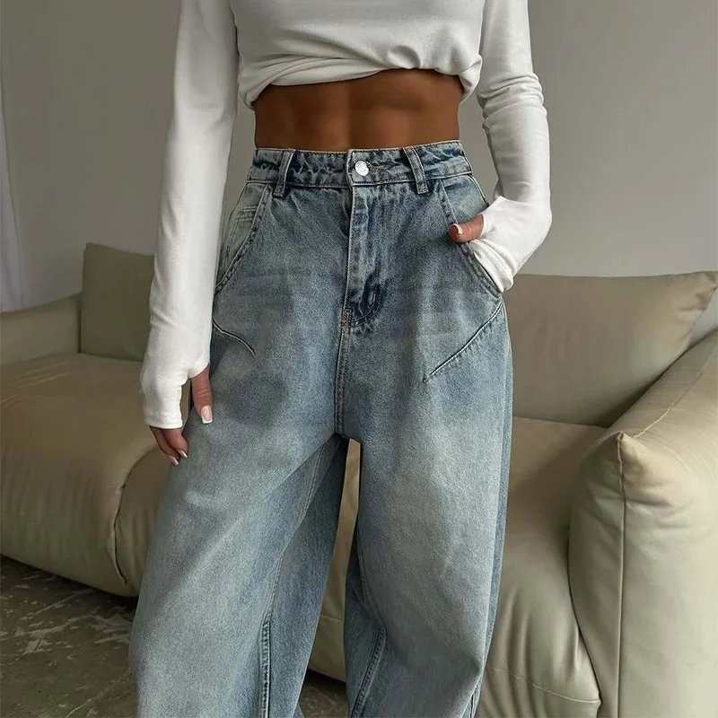 CPSYMYM Washed Commute Jeans Women Light Blue Loose High Waisted Pockets Zipper Straight Leg Trousers  Spring All-match Lady Pan